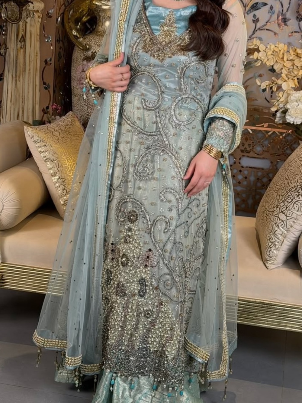 Beaded Mint Blue Long Sleeve Formal Dress with Sheer Dupatta